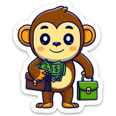 A monkey with money signs eyes carrying a briefcase fullof cash sticker