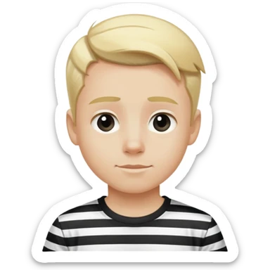 Blonde boy with hair slicked backwards, in a black and white vertical stripped t-shirt sticker