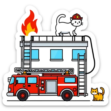 Fire truck with aerial ladder four firemen rescuing a cat sticker