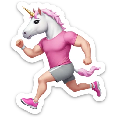 friendly anthropomorphised male white unicorn with a fit, chunky, muscular and strong physique, arms and legs matching the white of the head, in grey shorts and pink t-shirt, wearing dark sunglasses, jogging upright in a relaxed pose sticker