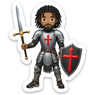 African American man with shoulder length black dreadlocks with black beard wearing knight body armor holding a double edge sword and a shield with a cross on it wearing black low top Air Force 1 sneakers sticker