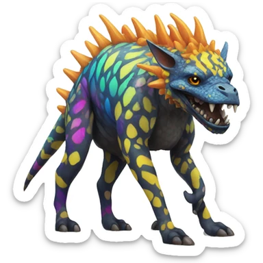 a colorful edgy vernid-fionbri-creature with splash patterns full body sticker