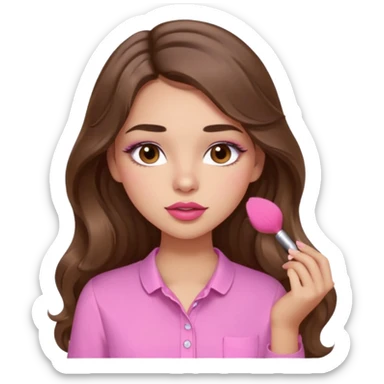 girl with long wavy brown hair, brown eyes, light to medium complexion, in a pink shirt, pink lips, long lashes, puckered lips, putting on blush sticker