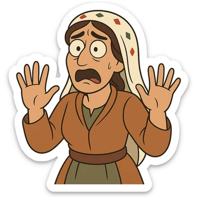 Kurdish sticker, cartoon style, Kurdish man or woman in jamadani, shocked or scared, wide eyes, hands up, no text sticker
