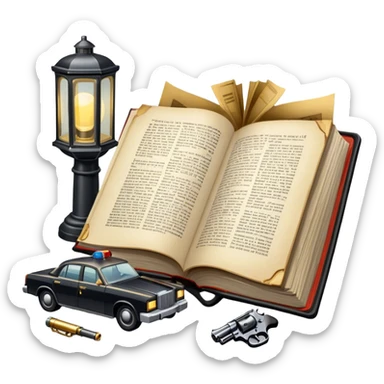 Icon for Action & Crime Reading: an open book with dramatic crime scenes—bullet holes on pages, a detective badge, a revolver and a getaway car. Surrounding elements include a flickering streetlight. Transparent background. sticker