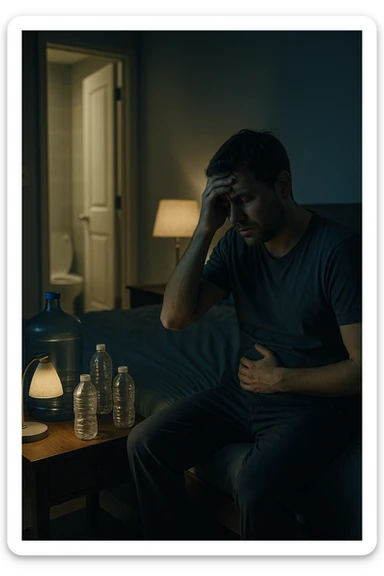 A cinematic scene of a man in his 30s sitting on the edge of his bed at night, clearly tired and frustrated. On his nightstand are several empty water bottles and a large reusable water jug, suggesting excessive hydration. A dim lamp casts soft shadows in the room, and the door to the bathroom is open with light spilling out — symbolizing repeated nightly visits. The man holds his head in one hand, while the other rests on his abdomen, eyes heavy with fatigue. The atmosphere is quiet and introspective. Cool color grading with deep blues and pale yellows enhances the nighttime mood. Style: 35mm cinematic realism, with attention to emotional detail and ambient lighting sticker