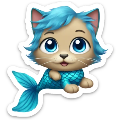 FluffyCat with a blue mermaid tail and blue eyes sticker