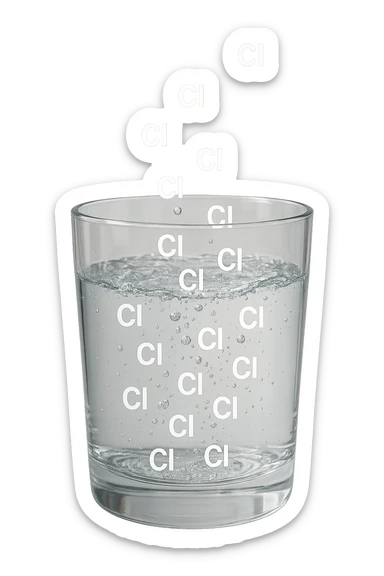 un bicchiere di acqua fluttua in aria realistico e dettagliato, dentro l'acqua del bicchiere ci sono particelle di cloro ben visibili con la scritta "Cl" sopra, ci sono particelle anche che escono dal bicchiere e fluttuano in aria verticalmente, mentre alcune sono all'interno dell'acqua nel bicchiere, iperrealistico 4k sticker