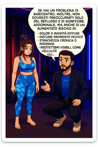 TRASFORMA QUESTO CAROSELLO IN UN FUMETTO STILE WEBTOON/MANGA A COLORI CON QUESTE DUE PERSONE IDENTICHE CHE INTERLOQUISCONO TRA LORO, L'uomo sta spiegando alla donna questo concetto:

Se hai un problema di baricentro, inoltre, non dovresti preoccuparti solo del reflusso e del gonfiore addominale, ma anche di un aumentato rischio di:
    • dolori e rigidità diffuse
    • disturbi pavimento pelvico
    • stanchezza cronica o insonnia
    • inestetismi visibili, come celluluite
    • etc… sticker