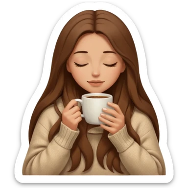 long brown hair woman closed eyes hiding under a cozy wool beige blanket, holding cup of coffee, autumn mood sticker