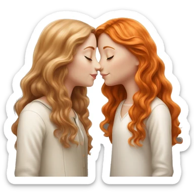 serene two white girls. one has wavy brunette hair and the other has natural soft orange hair delicate fringe. standing together kissing in gentle light. calm and content. hyper-realistic soft textures fine details glow on skin sticker