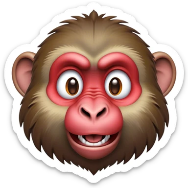 Cinematic Comical Baboon Portrait Emoji, Head tilted dramatically with an exaggeratedly amused expression, featuring a strikingly textured Fur of deep browns with wide, expressive eyes filled with playful disbelief, Simplified yet hilariously expressive features, highly detailed, glowing with a slightly sassy glow, high shine, dramatic yet playful, stylized with an air of cheeky mischief, bright and endearing, soft glowing outline, capturing the essence of a spirited and over-the-top baboon, so meme-worthy it feels like it could chatter its way into internet fame instantly! sticker