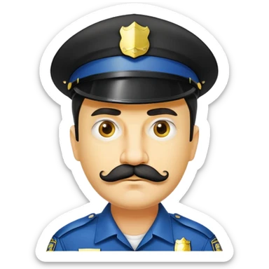 đàn ông 50 tuổi, da vàng, có ria mép màu đen, tóc ngắn, đội mũ cảnh sát màu đen, mặt nghiêm túc sticker