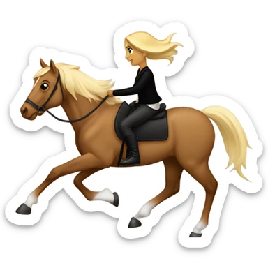  A Palomino horse running with a black sequin rug on his back and a brown rider girl on his back without a helmet dressed in black pants and a vest  sticker
