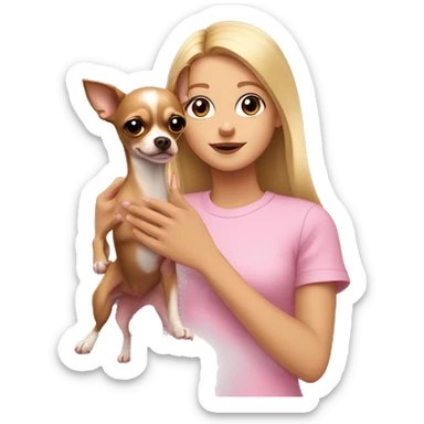 A girl with straight long blonde hair with pale pink lips and brown eyes in a pink T-shirt holds a dark brown chihuahua in her hands up to the waist sticker