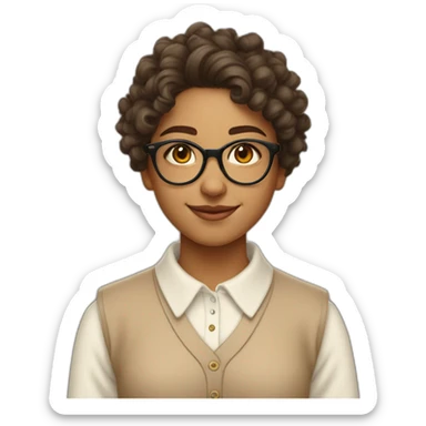 smiling indian teenage girl with curly hair and glasses wearing a collared long sleeve white shirt under a beige v shaped collar sweatervest with no buttons sticker