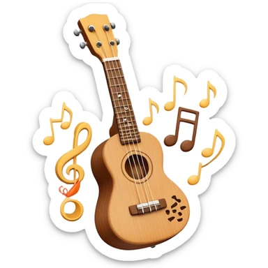 Create a cheerful and compact emoji representing a ukulele. The design should feature the small, wooden body of the ukulele with its smooth curves and visible strings. Highlight the sound hole and fretboard with subtle detailing to show the instrument’s craftsmanship. The wooden finish should be light, such as honey or natural wood tones, with dark accents for the fretboard and bridge. Add musical notes or soundwaves floating around the ukulele to evoke its bright, happy sound. The background should be transparent. sticker