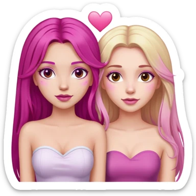 gorgeous pale girl with long magenta hair latina makeup next to a gorgeous girl with blonde hair brown eyes and a light pink heart above them both wearing tube tops sticker