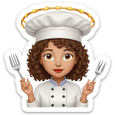 Mixed-race female chef with medium-length curly brown hair, wearing a chef's hat (toque), with both an angel halo and devil horns on her head sticker