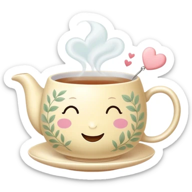 Cute Kawaii Tea Cup, steaming with warmth, a charming smiling face, soft pastel tones, delicate floral patterns, a tiny heart-shaped tea bag tag, cozy and inviting! sticker