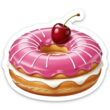 Round donut with smooth shade pink icing and thin white drizzle lines, golden-brown dough visible on the sides.
White whipped cream dollop in the center topped with a glossy red cherry and stem, clean studio lighting, pure white background, realistic minimal emoji-style. sticker