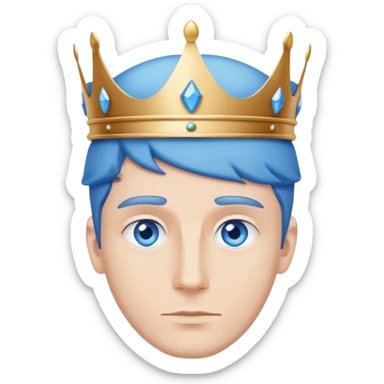 A man with blue eyes wearing a large, simple blue crown. The crown has no details or gemstones, and its base is wide and smooth. The style is clean and minimalistic sticker