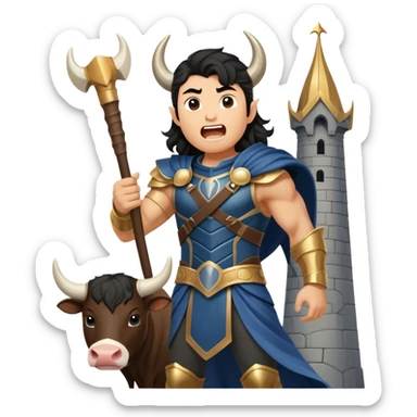 vikingo con armadura de Asgard, con cuerno de vaca, pelo negro ondulado, de pie, grito de guerra en torre de Asgard. sticker