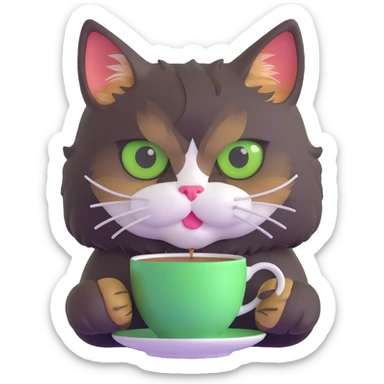tricolor fluffy cat with big green eyes drinking a cup of coffee sticker