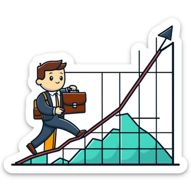 Happy entrepreneur climbing up a business chart graph with briefcase sticker