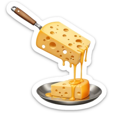 a half vertical  wheel of cheese being scraped with a metal spatula, melted cheese flowing, warm golden colors, modern emoji style, clean outlines, transparent background sticker