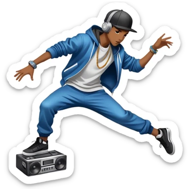 Icon for Street Dance: a dancer in urban streetwear performing a dynamic lower breakdance move, with a spray-painted background and a boombox on the asphalt. The icon should capture the energy, style, and creativity of street dance culture. Transparent background. sticker