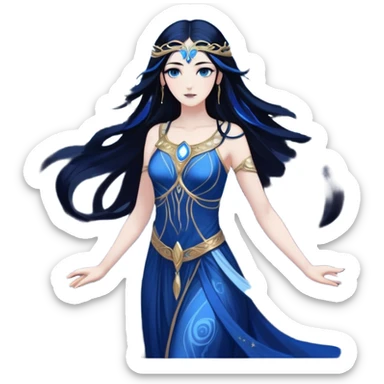 tall, ethereal goddess with glowing blue-white skin, long flowing black hair, glowing white eyes, and large shadowy wings. She wears a sleek, ancient Greek-style gown in deep midnight tones. Dark cosmic energy swirls around her, with stars and shadows trailing from her presence.” sticker