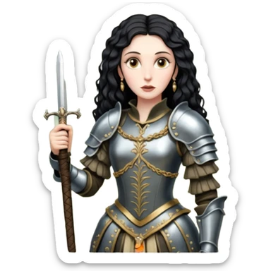 realistic cinematic actress Cher in baroque styling with dirty armor in a forest sticker