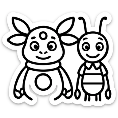 Luntik and Kuzya as a classic outlined icon, balanced proportions, no fill sticker