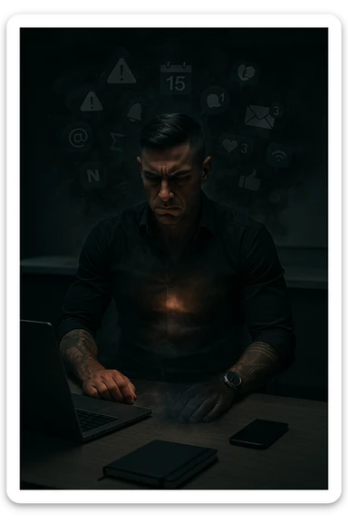 A highly realistic, cinematic image of a young man in his early 30s, sitting at a modern office desk under harsh artificial lighting, shoulders hunched, jaw clenched, and breathing shallowly, symbolizing how modern society forces people to live in a state of chronic tension and restricted breathing. Around him, faint black and grey visual elements represent notifications, deadlines, social media icons, and news alerts, swirling around his head like a chaotic storm, symbolizing societal pressure. His chest appears visually tight and compressed, and faint dark smoke emanates from his body, representing blocked breath and internalized stress. In contrast, a faint glowing light near his chest and abdomen tries to expand, symbolizing the innate desire of the body to breathe freely and deeply. The environment is cold and minimalistic, with a sense of stillness and tension, captured in a hyperrealistic 35mm film style with muted colors, focusing on the man's tense posture and restricted breathing to reflect the unseen burden of modern living. in italiano sticker