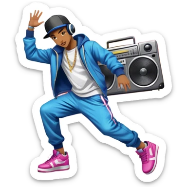 Icon for Street Dance: a dancer in urban streetwear performing a dynamic lower breakdance move, with a spray-painted background and a boombox on the asphalt. The icon should capture the energy, style, and creativity of street dance culture. Transparent background. sticker