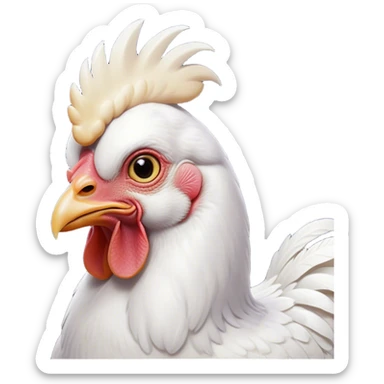 Cinematic Noble White Chicken Portrait Emoji, Poised and regal, with a compact, sturdy build and a pristine, well-groomed pure white plumage, deep-set soulful beady eyes, Simplified yet sharp and sophisticated features, highly detailed, glowing with a soft, dignified glow, high shine, intelligent and alert, stylized with an air of barnyard elegance, focused and attentive, soft glowing outline, capturing the essence of a watchful and confident fowl, so majestic it feels as though it could strut out of the screen with effortless authority! sticker