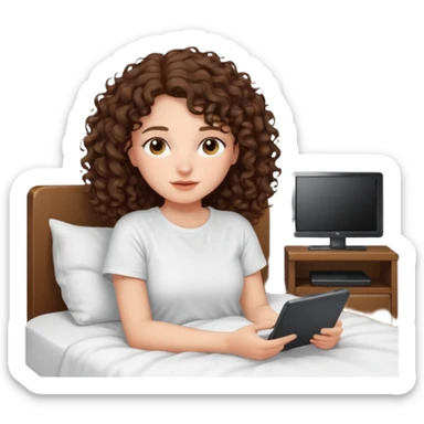 A girl, brunette with curly hair down to her shoulders, watching TV. Have her lie down on the bed, and put on Netflix on the TV. She walks by with her back to the camera, looking at the TV. sticker
