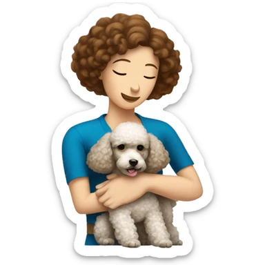 A poodle in an embrace with a brown-haired woman with a square sticker