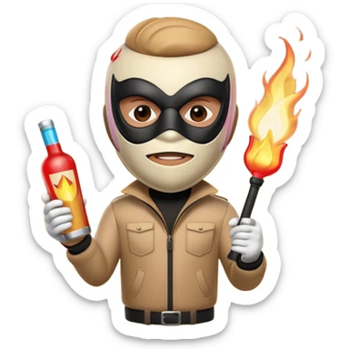A 3D cartoon masked figure holding a lit Molotov cocktail, dark background, dramatic light, realistic Memoji-style. sticker