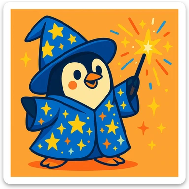 a penguin wizard casting a spell, with sparkles and a starry robe, playful cartoon style sticker