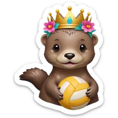 super cute baby otter with a colorful flower band/crown around its head, gentle expression and soft rounded eyebrows, floating on VERY CLEARLY VISIBLE blue water with prominent waves and ripples, baby otter with big sweet eyes holding a volleyball with both small paws above the water sticker