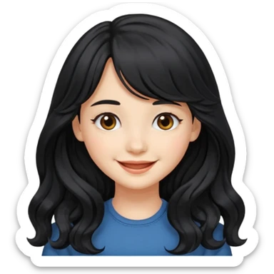 Please generate a portrait of a pretty girl with long, wavy, black hair. She's smiling. She also wears a middle parting and bangs. sticker