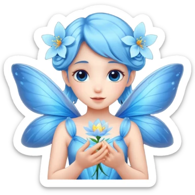 A shy fairy with soft blue wings, gently holding a glowing blossom.
 sticker