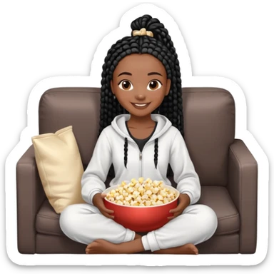 A dark-brown-skinned Black woman with black box braids, holding a large bowl of popcorn in her lap, smiling , wearing comfy loungewear sitting on couch sticker