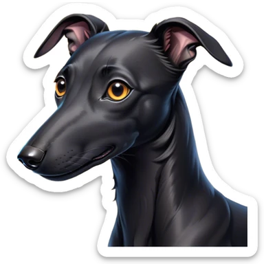 Cinematic Cute Black Greyhound Portrait Emoji, Head tilted playfully and inquisitively, featuring a smooth, shiny jet-black Fur and round, sparkling dark eyes filled with curiosity, Simplified yet irresistibly adorable features, highly detailed, glowing with a warm, friendly glow, high shine, affectionate and agile, stylized with a touch of whimsy, bright and endearing, soft glowing outline, capturing the essence of a mischievous yet loving racer, so playful it feels like it could dash out of the screen and into your arms! sticker