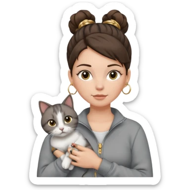 a white girl with brunette hair in a messy bun holding a grey cat. the girl has long lashes and has on a grey zip up that is half way zipped and under a white shirt and gold jewelry that is hoop earrings and gold bracelets. sticker