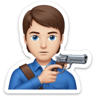 guy w medium long brown hair and blue eyes with gun pointing at head sticker