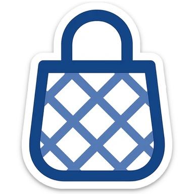 minimal blue mesh tote bag emoji icon, flat style, soft blue, small handle, mesh net texture, clear and simple for small sizes sticker