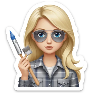 girl with long blond hair, wearing grey plaid shirt with blue eyes and aviator sunglasses wearing a ring on her silver necklace, holding a paint brush roller with a small bit of white paint on her face sticker